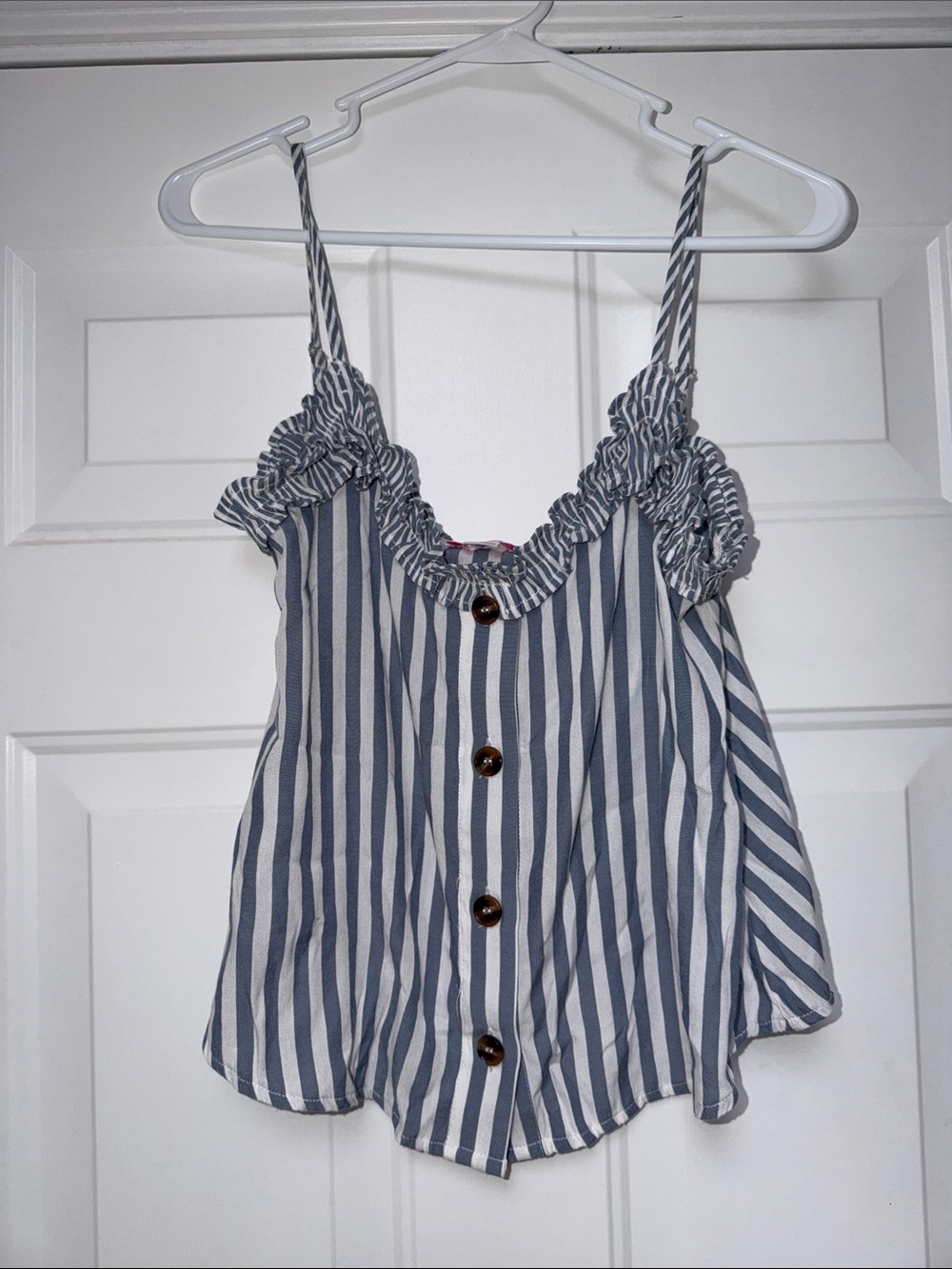 Pink Lily Blue and White Striped Ruffle Button-Front Cami